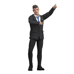 Cartoon Illustration of a Male Lawyer. A male lawyer is holding a microphone and pointing his left hand forward, as if he is giving an important presentation. 3D Style