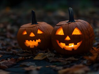 Two Jack-o'-Lanterns Glowing on Autumn Leaves