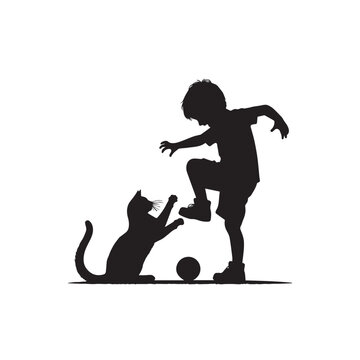recommend clip art: Cat playing silhouette. Funny cat vector silhouette. Cat fun with child, rat, man.
