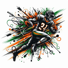 American football player running with intense energy and colorful splashes

