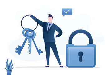 Businessman holding a bunch of keys, a closed lock. Reliable security account is protected. Two-factor authentication, user maked complex password. Different passwords for protection.