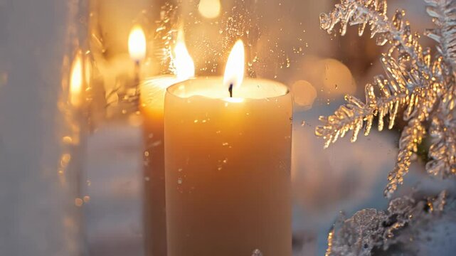 Frosted window pane filled with soft candlelight glow. Icicle silhouettes create delicate border. Warm yellow light contrasts cool blue tones. 