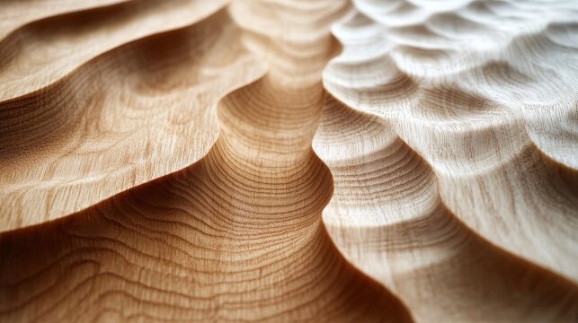 Detailed image of two wood panels, one with a clean, linear grain and the other with a flowing, wavy pattern, highlighting their natural beauty