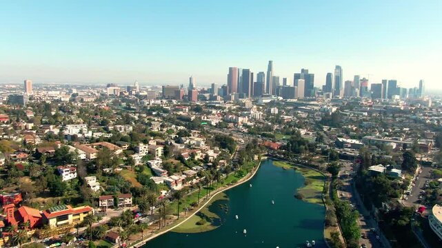 Aerial of Echo Park, Looking over Down Town Los Angeles Cityscape, California 3
