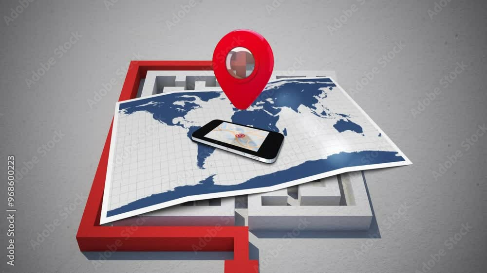 Poster animation of red tag and maze over smartphone and map