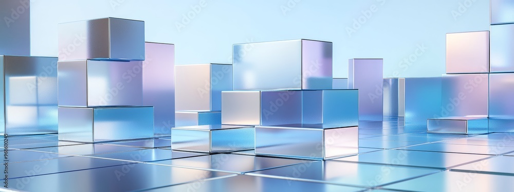 Aufkleber mirrored cube podium arranged in a chessboard pattern against a pastel blue backdrop. platform for p