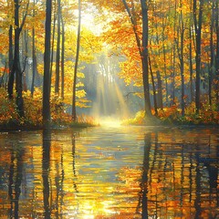 A peaceful fall scene features brilliant orange and red leaves softly falling onto a calm lake that mirrors the vivid colors above.