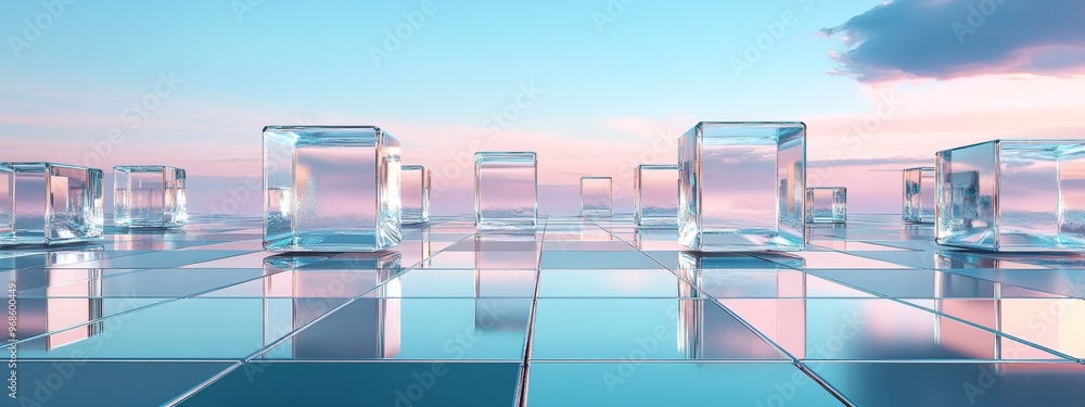Aufkleber glass cubes on a reflective surface with a pastel sky backdrop, creating a futuristic and serene sce