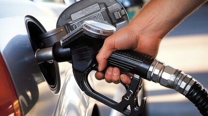 Fototapeta premium Filling Up A Car With Fuel, Gasoline Pump Closeup, Nozzle & Hose, Automotive Fueling