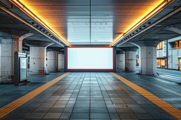 A white billboard sits in front of a brick wall