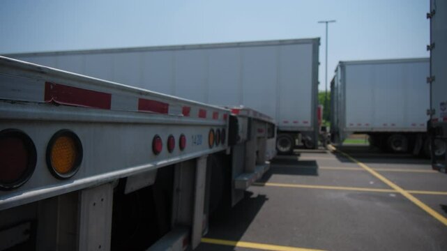 flatbed trailer and other trailers for semi-trucks in the parking lot