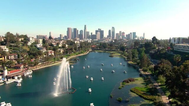Aerial of Echo Park, Looking over Down Town Los Angeles Cityscape, California 2
