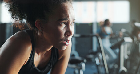 Fitness, thinking and tired with woman in gym for break from intense training or workout....
