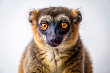 Obraz premium close-up, species, exotic, stock photo, nature, Madagascar, eyes, animal, A close up photo of a brown lemur with a white background and studio lighting showcasing its intricate details