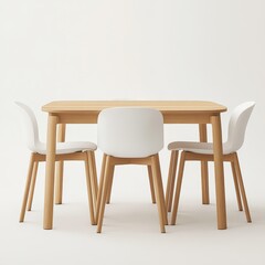 A minimalist wooden table with four white chairs arranged around it.