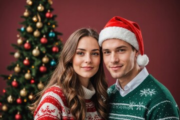young couple in stylish christmas clothes on color background