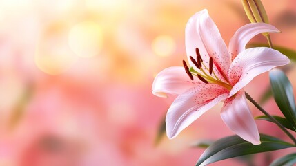 Fototapeta premium Continuous line art of a blooming lily, framed by delicate leaves, soft pencil sketch style, light pastel colors, perfect for romantic wedding themes