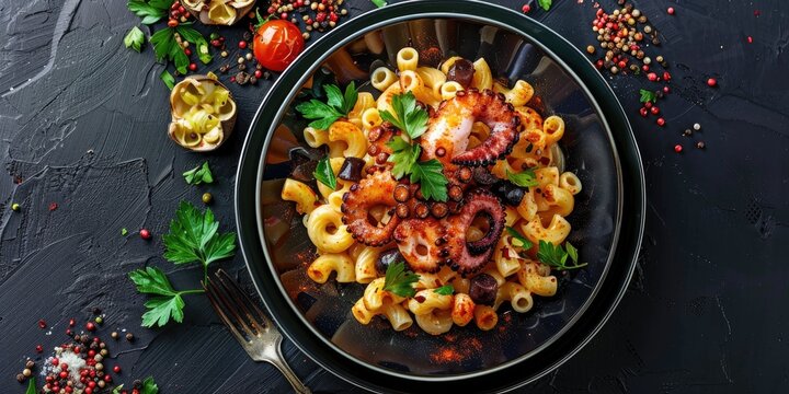 Gourmet Octopus with Macaroni Pasta Served on a Plate - Aerial View
