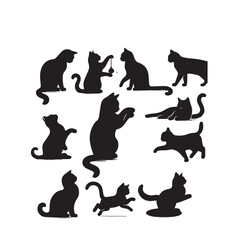 Cat playing silhouette. Funny cat vector silhouette. Cat fun with child, rat, man.