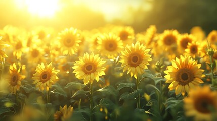 Obraz premium Field of sunflowers glowing under the spring sun, 3D illustration, bright yellows and greens, realistic depth and shadows, lively and fresh atmosphere