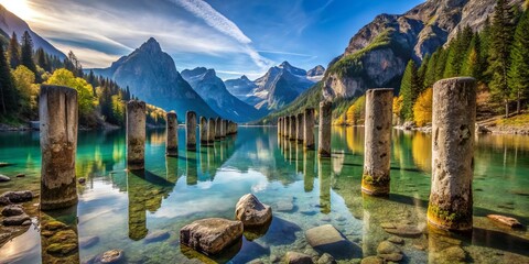 Piercing the lake's tranquility, stone columns rise majestically, refracting light and conjuring a land of enchantment.