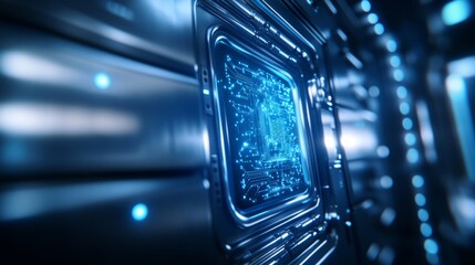 Futuristic silver vault door with blue holographic displays, advanced AI security interface, glowing lines and circuits embedded, dark cyber environment, digital art