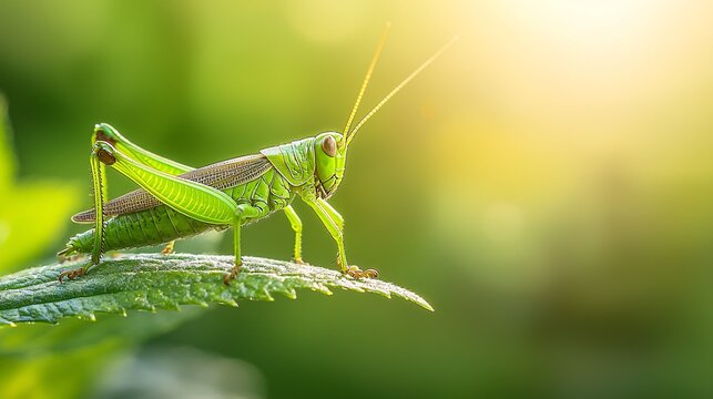 A vibrant green insect rests on a leaf, revealing its delicate features against a gently faded backdrop.