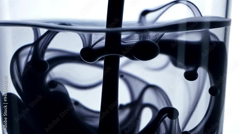 Poster black ink is dropping in a glass full of water, creating fascinating patterns while dissolving. isol