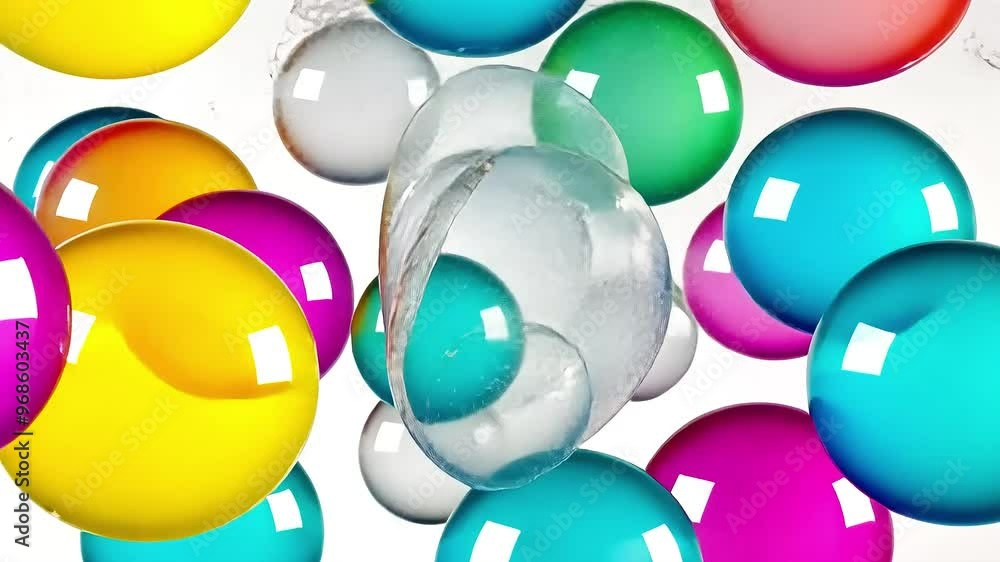 Poster colorful bubbles of different sizes float elegantly against a pristine white background, creating a 