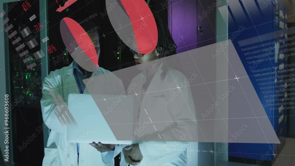 Poster animation of data processing and diagrams over biracial colleagues using laptop in server room