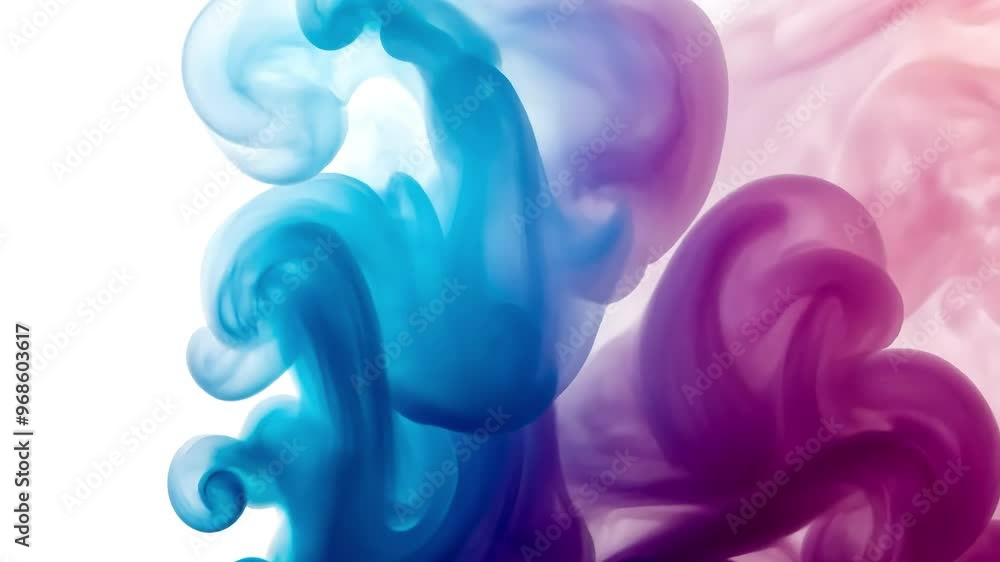 Poster vivid blue and magenta ink swirling and blending gracefully in water, creating mesmerizing abstract 
