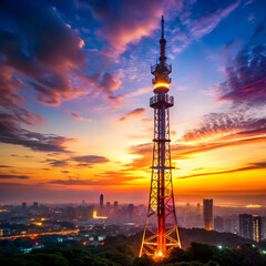 a telecommunications tower rises above a calm city