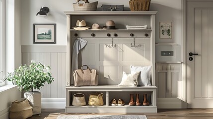 Light Gray Wooden Hall Tree with Open Cabinet, Hat Rack, Shelves for Shoes and Decor, and Built-In Storage, Well-Lit Home Setting