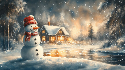 Fototapeta premium Winter holiday background banner cute snowman Merry christmas and happy new year