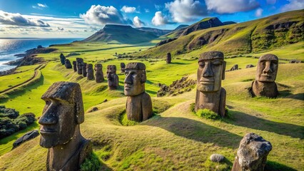 volcanic rock, historic, stone, Pacific Ocean, moai, scenic view, archaeology, Several moai statues made of volcanic rock at the Rano Raraku quarry on Easter Island seen from a high angle