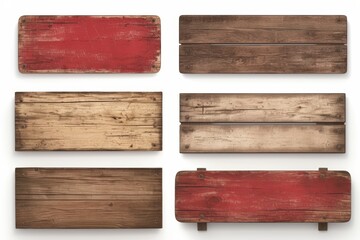 Set of vintage wooden signboards in various shapes with intricate wood carvings and textures. Isolated on a white background.