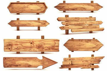 Fototapeta premium Set of wooden directional signs in various arrow shapes with rustic textures, ideal for guiding directions. All signs are isolated on a white background.