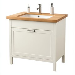 A modern bathroom vanity with a wooden top and sink, designed for storage and functionality.