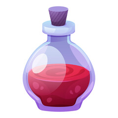 Magic potion. Glass vial with red liquid. Vector illustration on white background