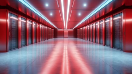 Red Server Room Corridor with Neon Lights
