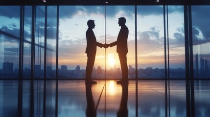 Businessmen Handshake Silhouette Against City Sunset