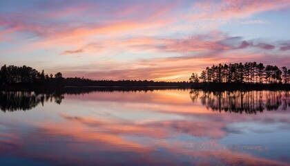 Fototapeta premium Dreamy Dusk: Soft Cotton Candy Clouds and Mirror-Like Reflections Over a Calm Lake