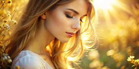 Fototapeta premium Soft warm light bathes a delicate complexion, gently outlining subtle features with shadows, radiating a sense of calm