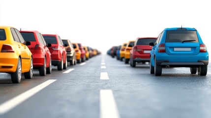 Naklejka premium Blue Car Leading a Line of Cars on a Road