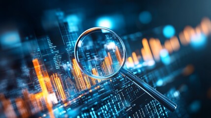 Magnifying Glass on Data and Charts with Blue and Orange Glows