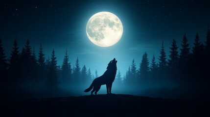 Wolf Howling at the Full Moon in a Forest at Night