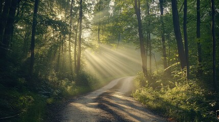 Obraz premium Forest Road Illuminated by Sunrays