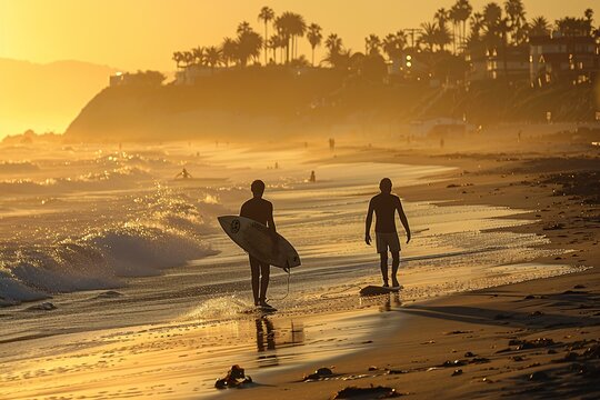 Two wave riders on the shore in Southern California.