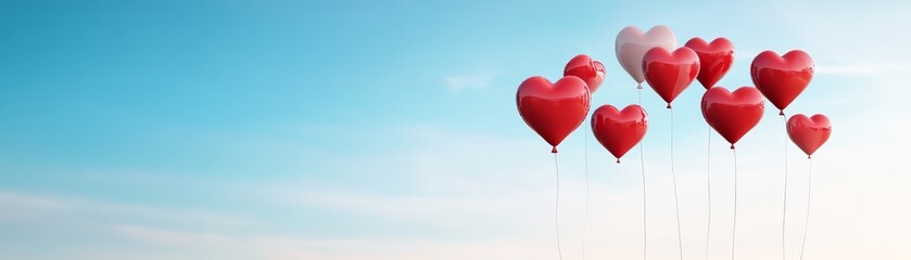 Heart Shaped Balloons Floating in Blue Sky