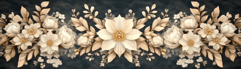 Elegant Floral Border with White Flowers and Golden Leaves on Black Background